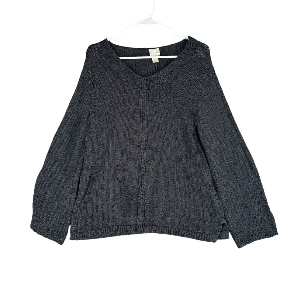 Chico’s Women’s 2 Gray Knit V Neck Pullover Sweater Neutral Preppy Office Casual